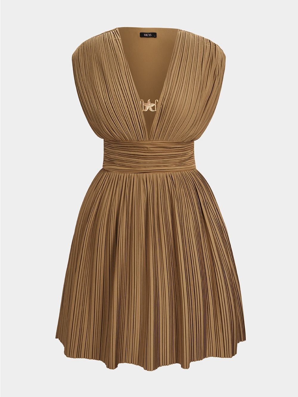 Sleeveless Pleated V-Neck Mini Dress in Camel